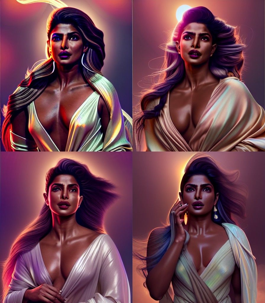 lumen global illumination, Beautiful elegant brown skinned woman priyanka chopra, windy white iridescent hair, in long e...
