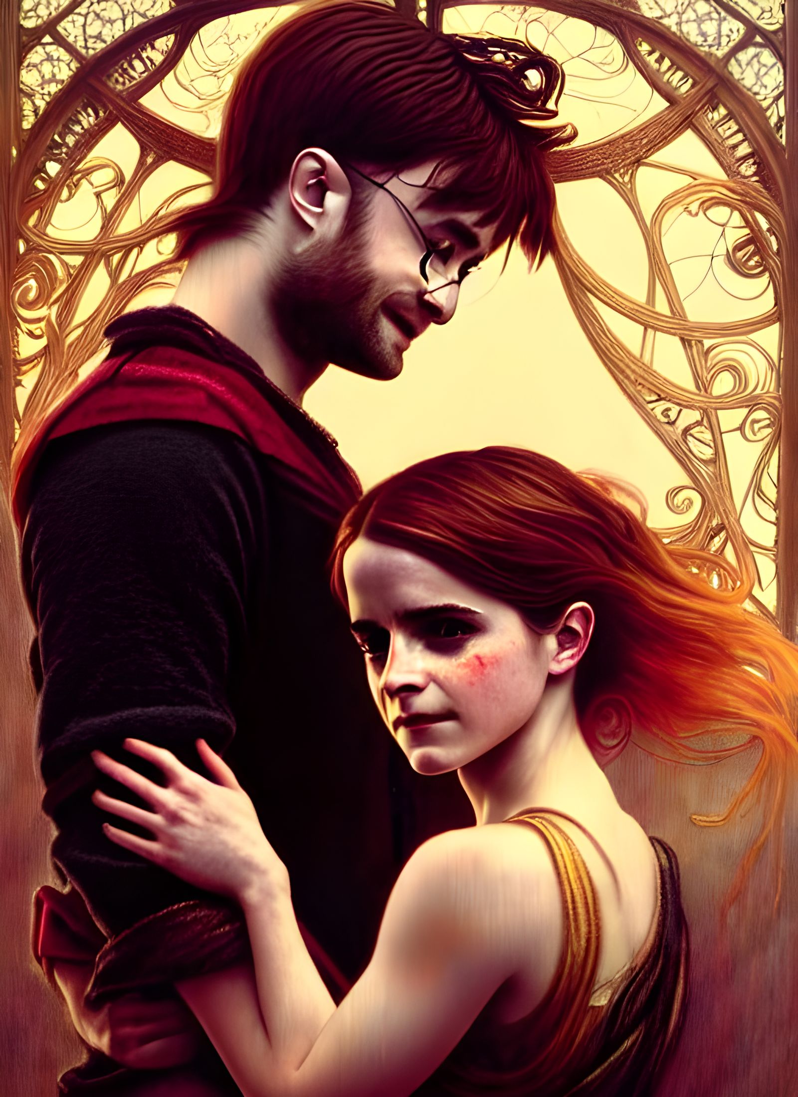 Tragic Figures in Photorealistic Art Nouveau Style