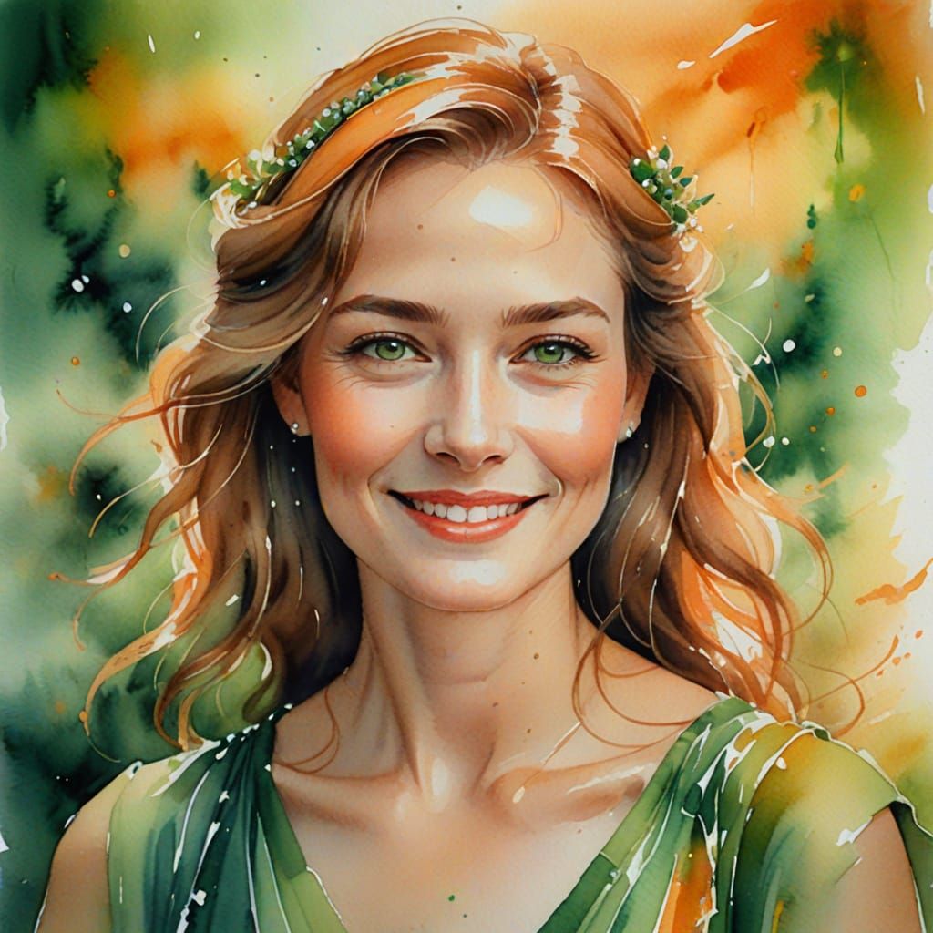 Impressionistic Watercolor Portrait in Orange and Green