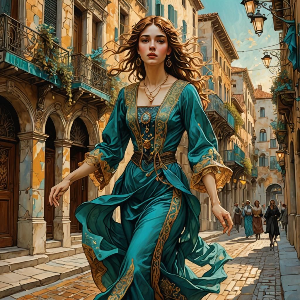 Art Nouveau Woman in Venice, Impressionist Style