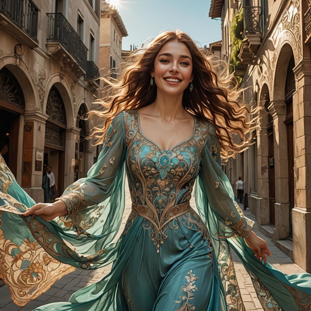 Woman on Venetian Street in Art Nouveau Style