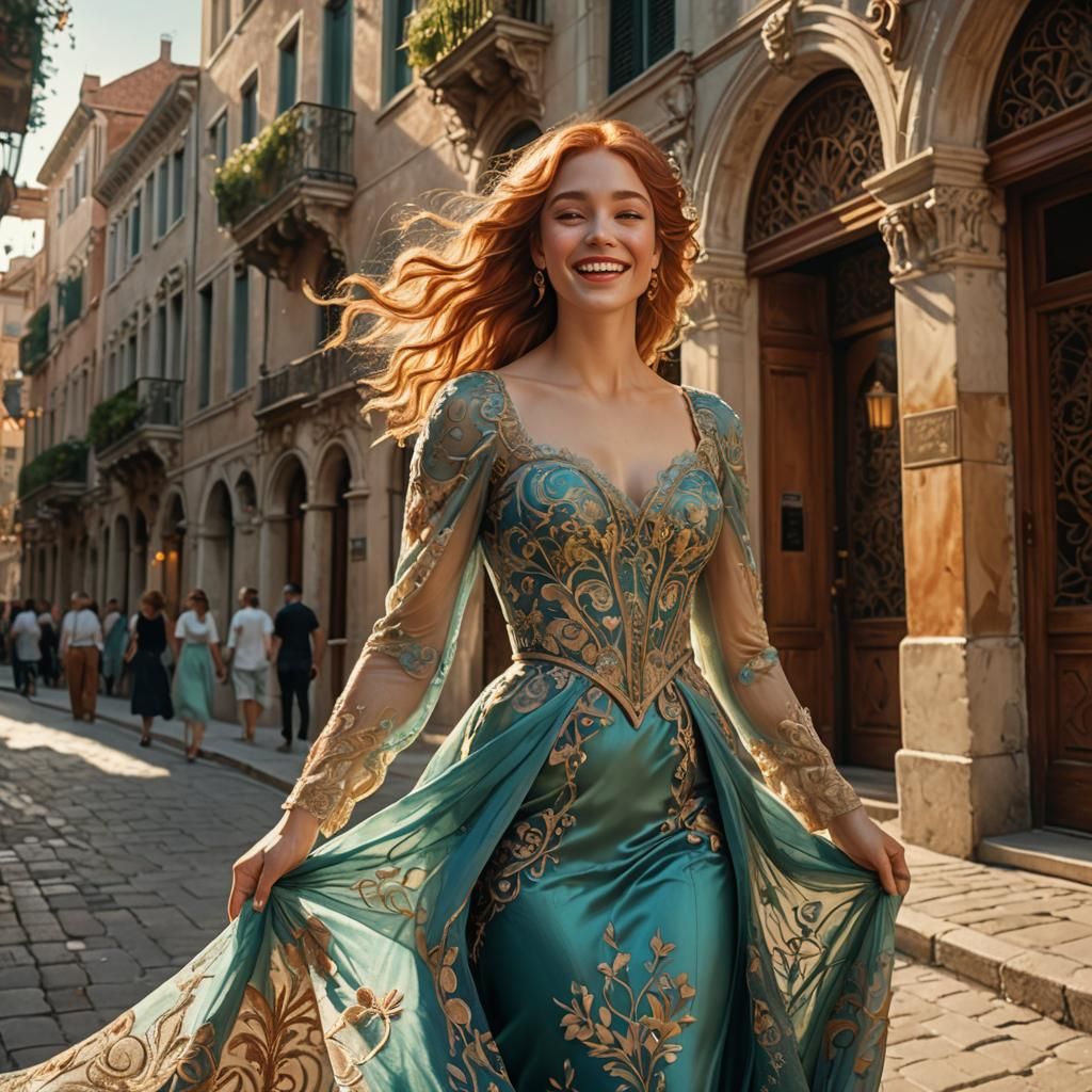 Art Nouveau Woman in Venice at Golden Hour