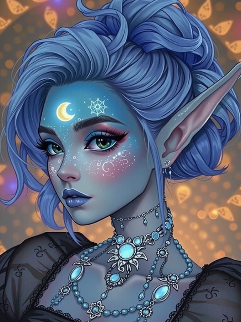 An enchanting fantasy character is portrayed with distinct features, marked by vibrant blue hair styled in elegant waves...
