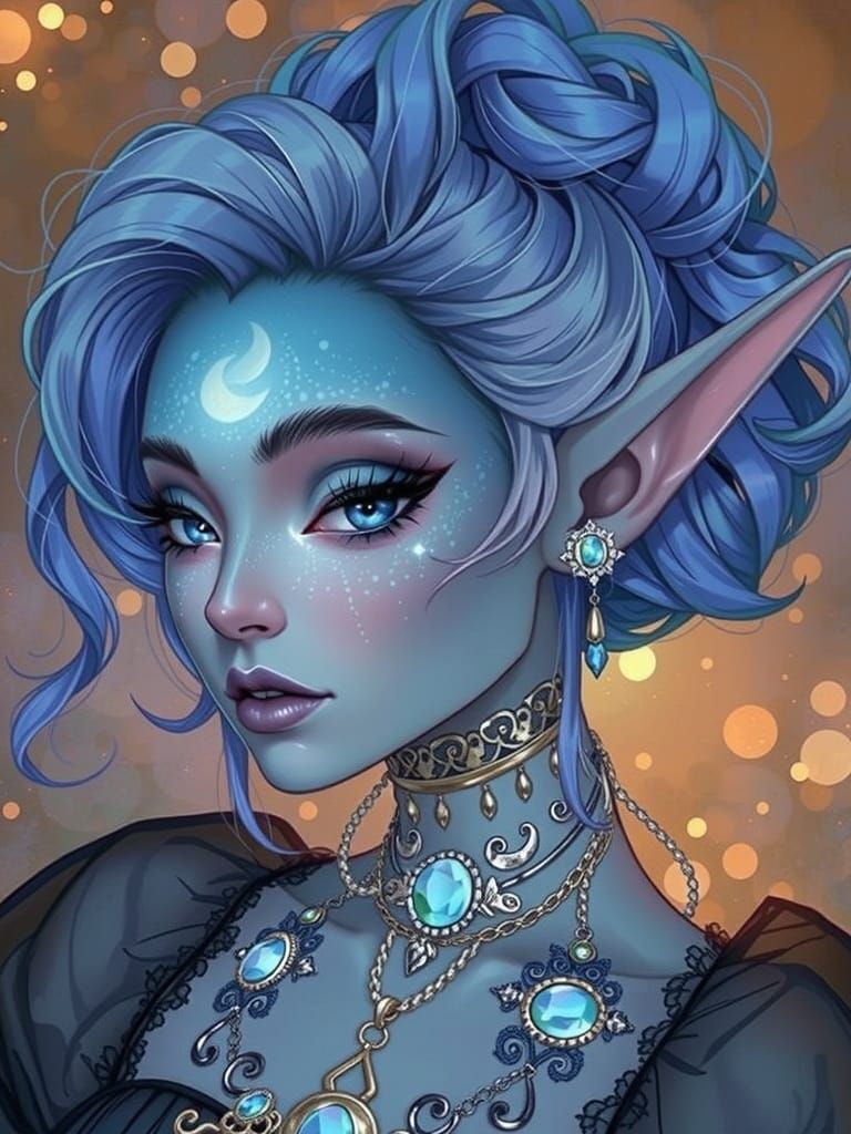 An enchanting fantasy character is portrayed with distinct features, marked by vibrant blue hair styled in elegant waves...