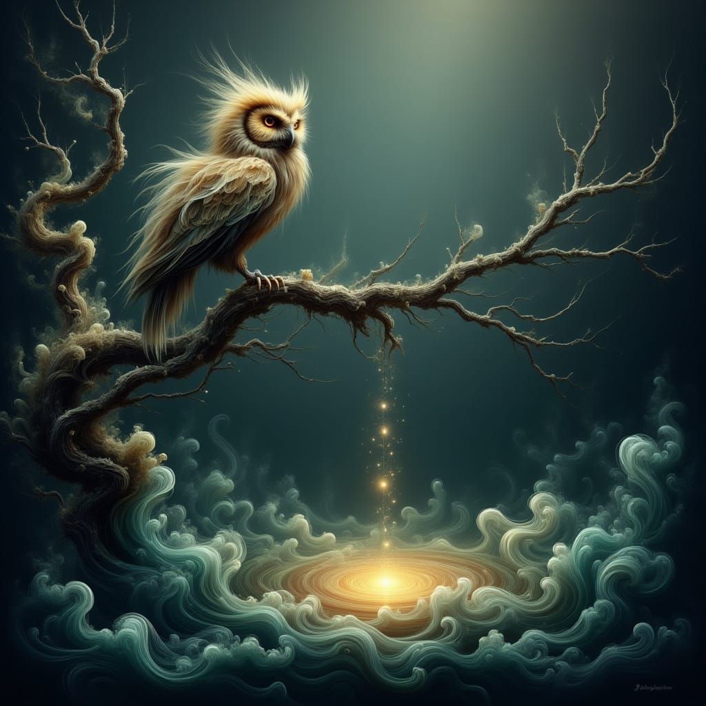 Ancient Owl with Molten Gold Eyes and Starlight Vortex