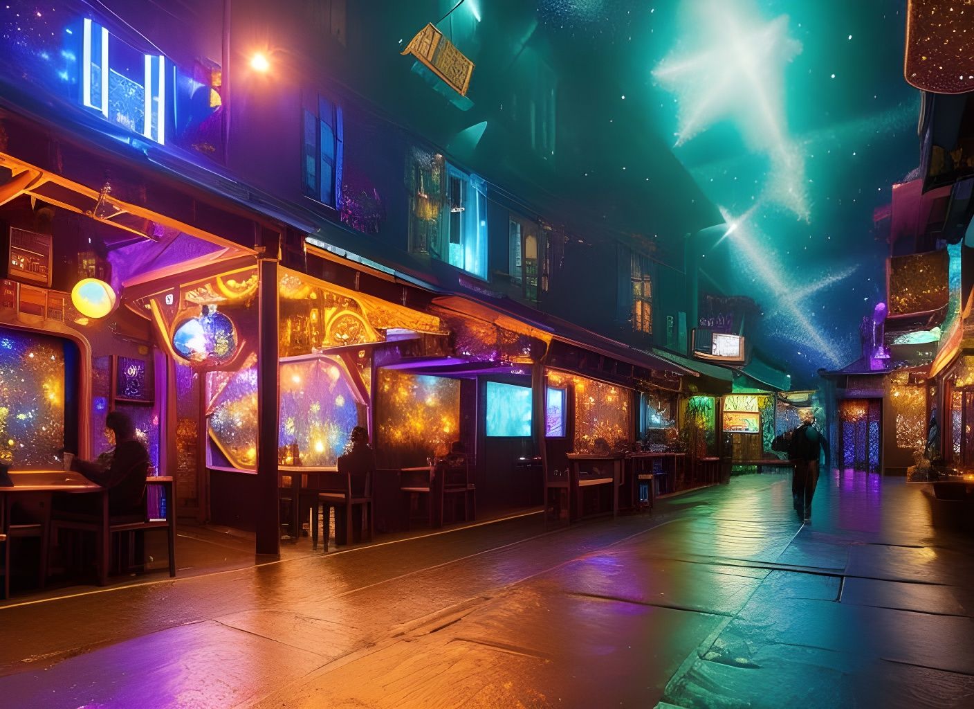 Galaxy Nebula Street Bamboo Tavern with Twinklelights