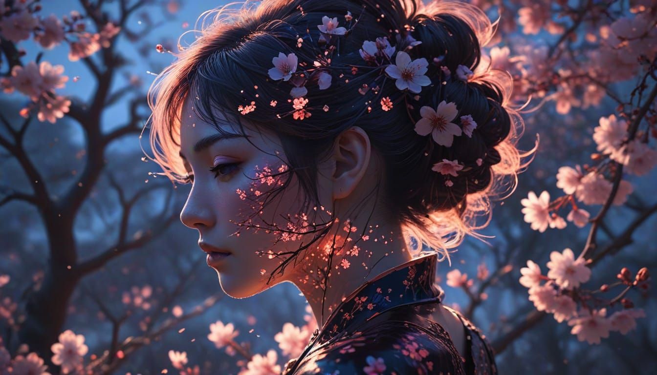 Dreamlike Double Exposure Portrait with Cherry Blossoms