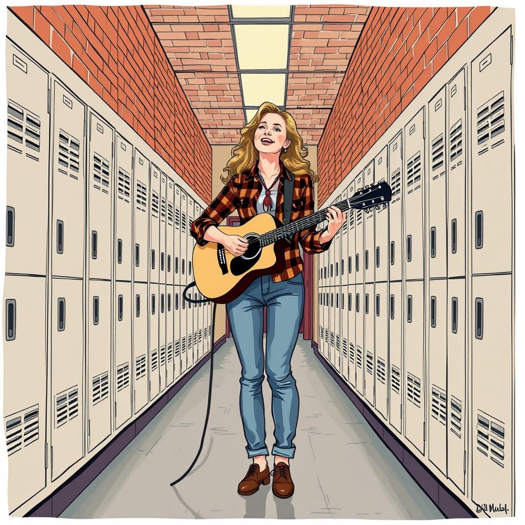 Woman Singing in Hallway: Surreal Pop Art Illustration