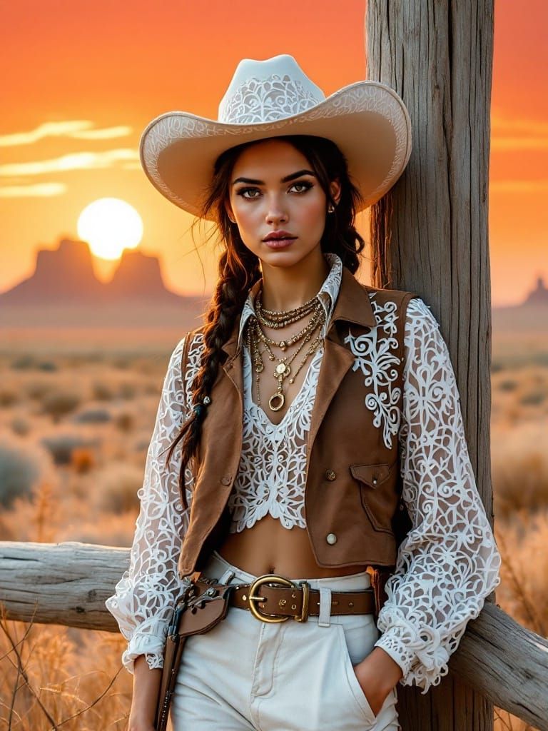 Papercraft Woman in Desert Frontier Scene