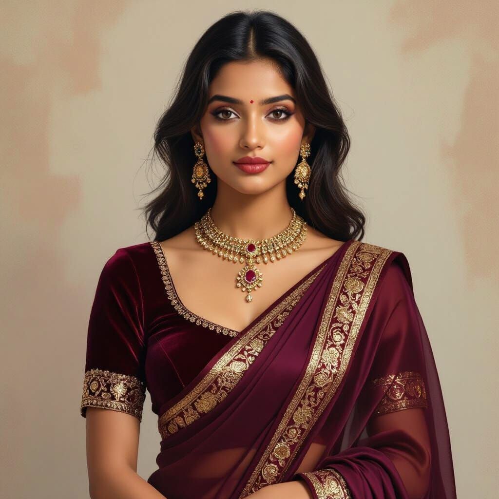 Elegant Indian Girl in Wine Saree, Ravi Varma Style