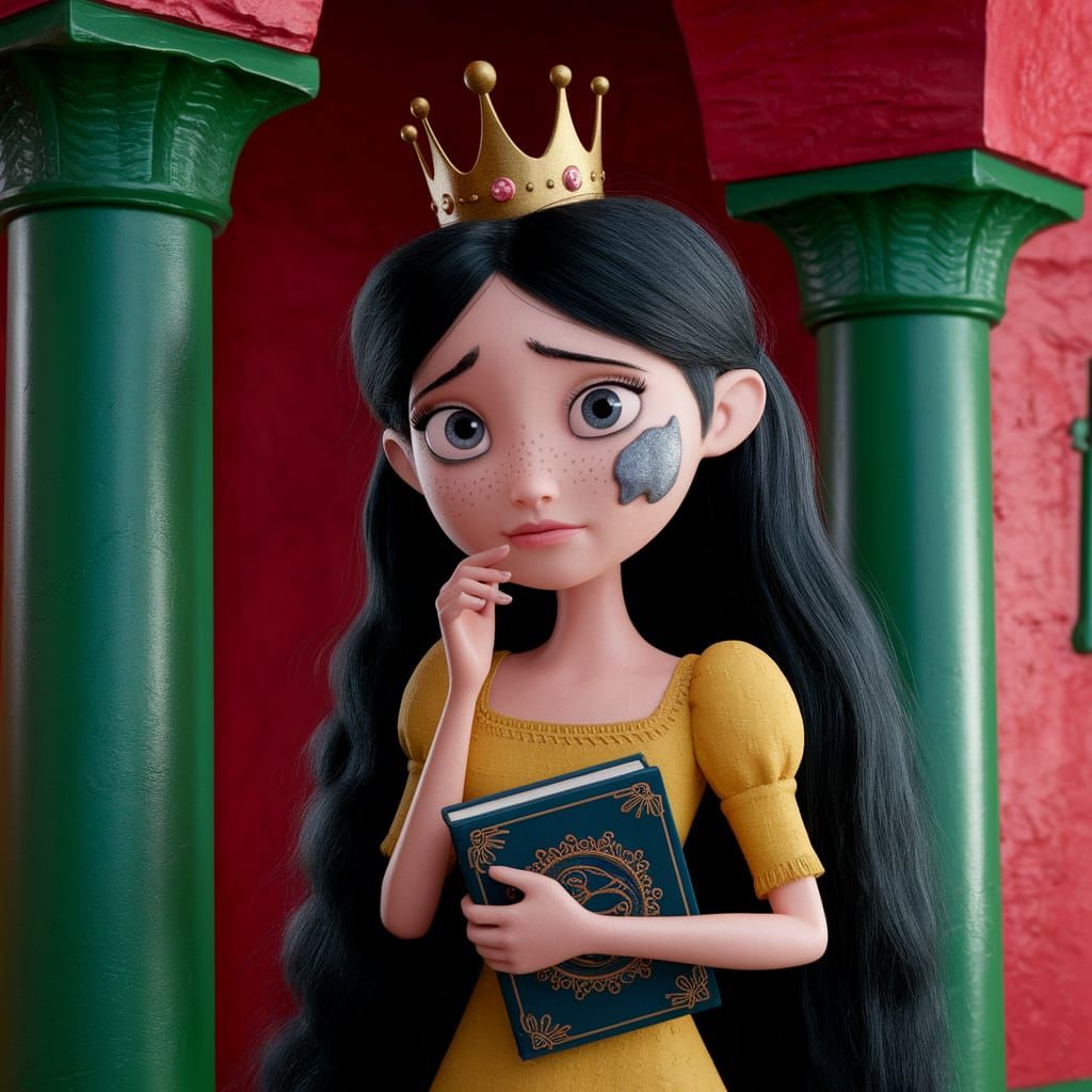 Worried Young Queen with Antler Crown in Red Castle