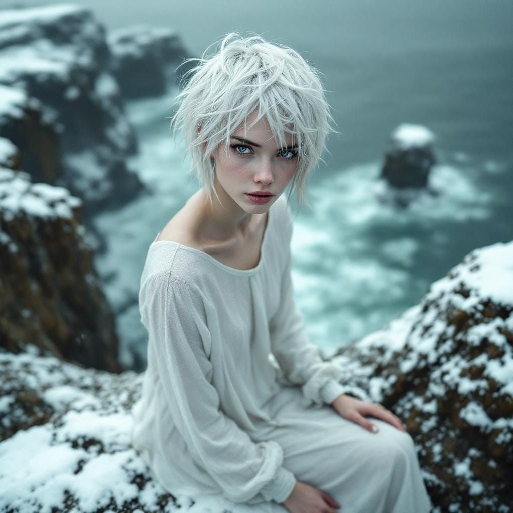 Albino Woman on Cliffs in Snowy Blizzard