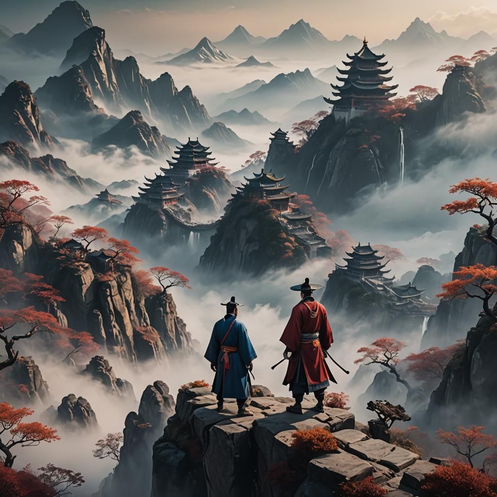 Man in Chinese Clothing on Misty Mountain