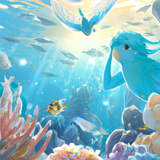 Mermaid Budgie in Coral Reef, Anime Key Visual
