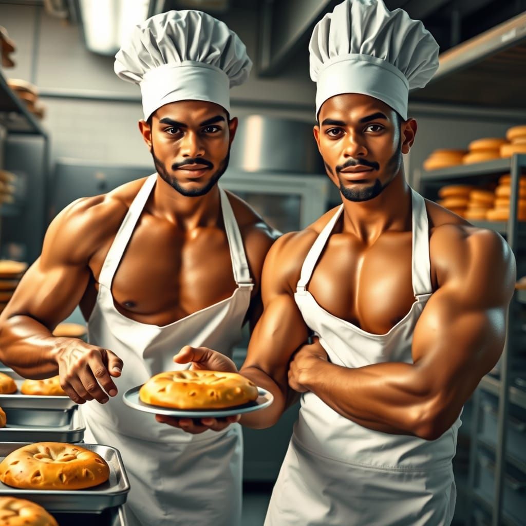 Muscular Chefs Baking Buns: Industrial Realism