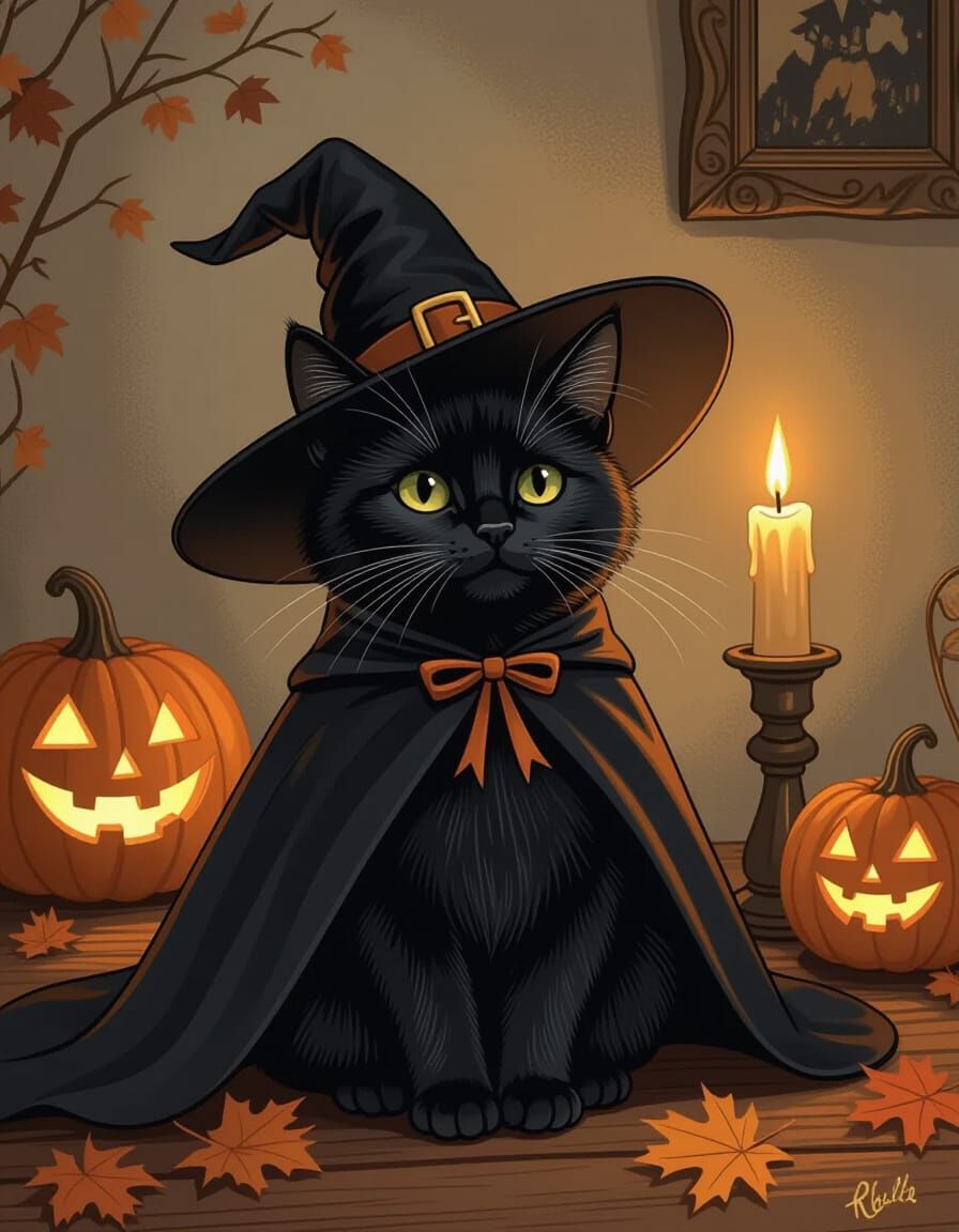 Black Cat in Witch Costume Sits in Cozy Halloween Room