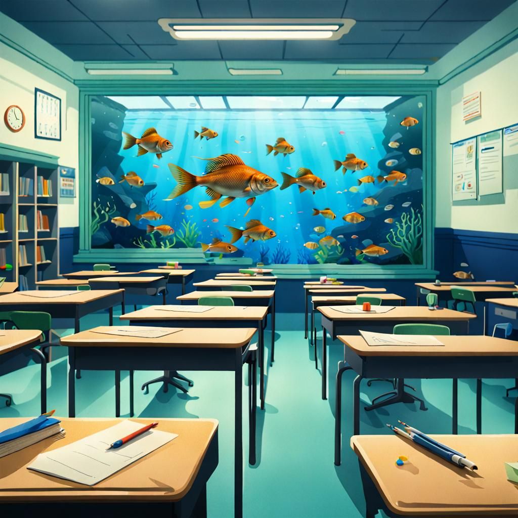 Anamorphic Fish in Underwater School Classroom
