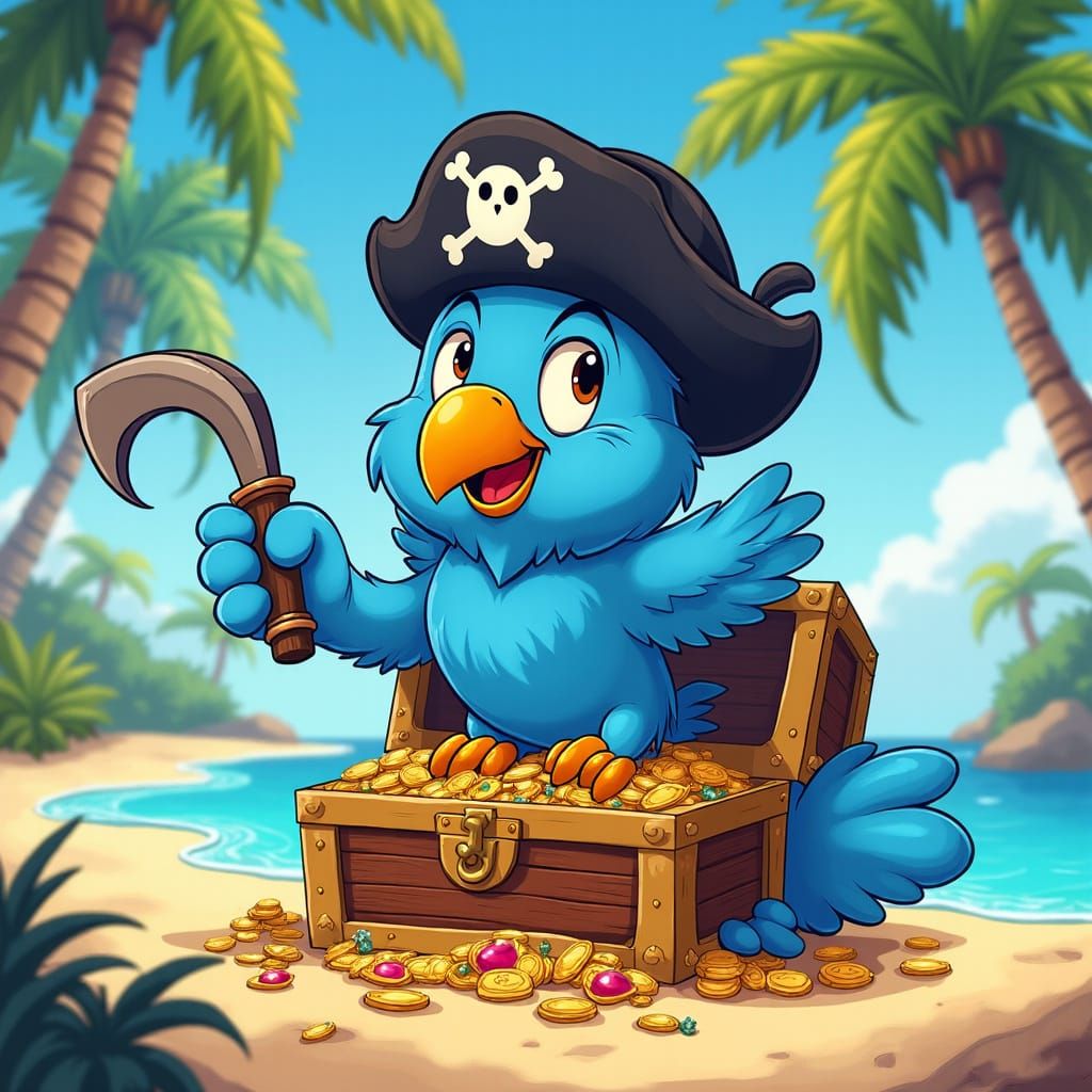 imagine a fluffy, blue parrot wearing a tiny pirate hat and ...