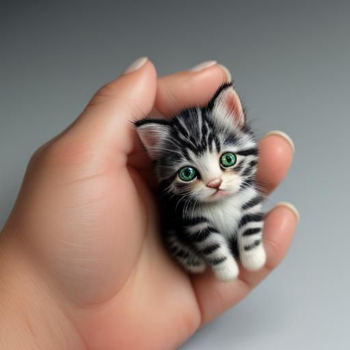 Microscopic Kitten Resting on Human Finger, Ultra-Realistic