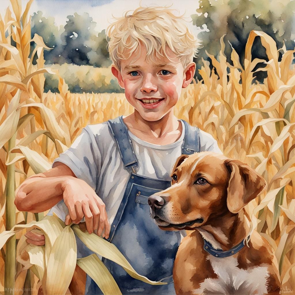 Young Farm Boy in Cornfield: Watercolor Masterpiece