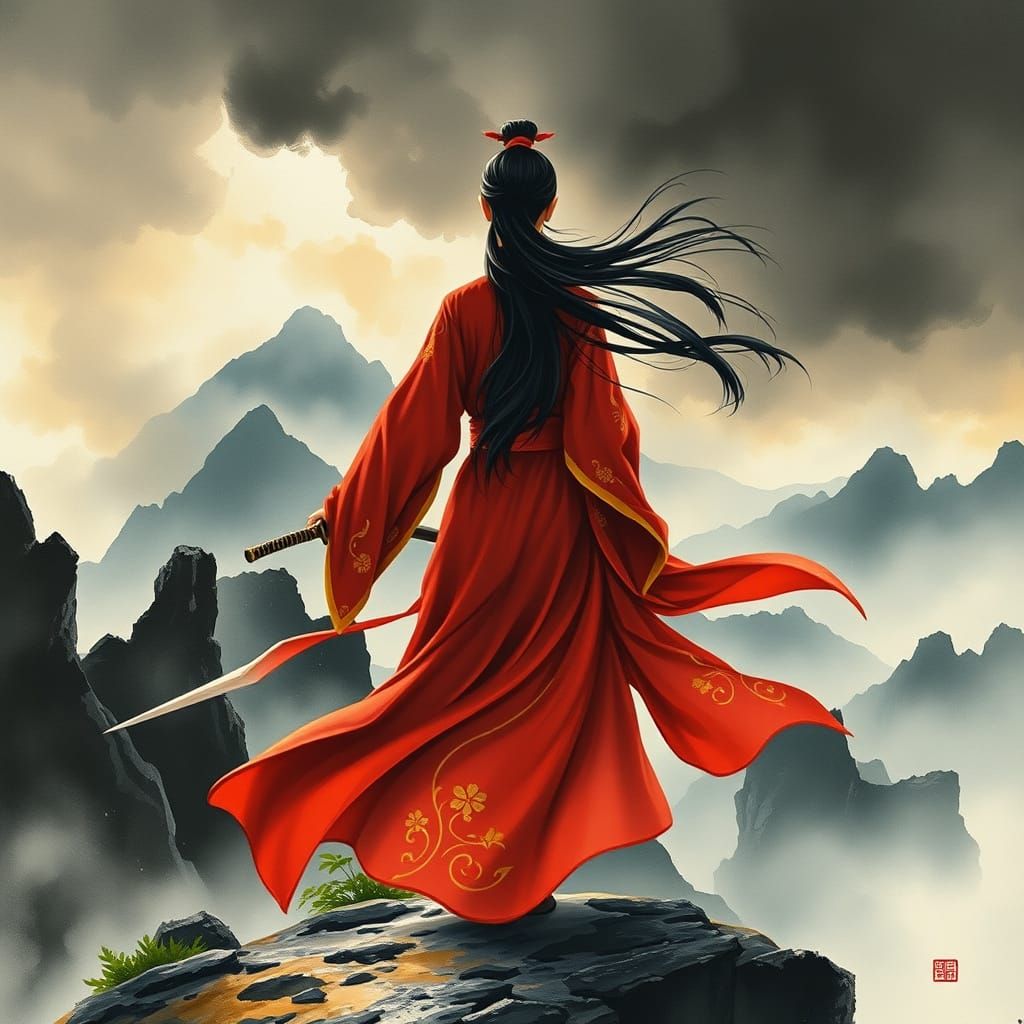 Fearless Warrior Woman in Traditional Chinese Dress