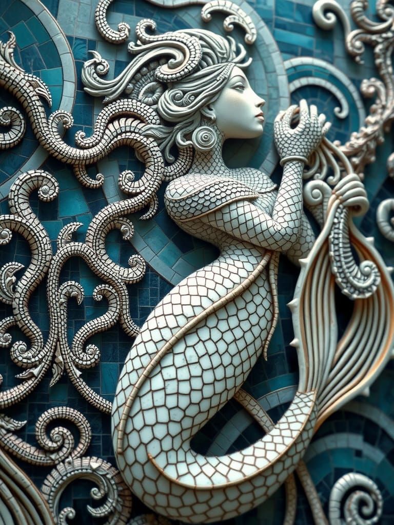 Ancient Greece Mosaic of an Underwater Mermaid