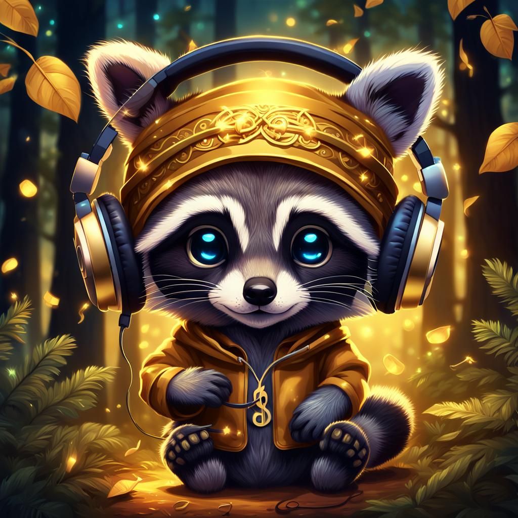 Concept Art Portrait, cute cub raccoon wearing headphones li...