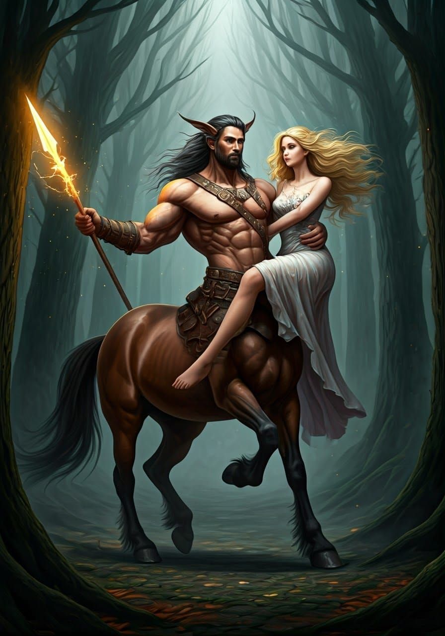 Centaur Warrior Rescuing Damsel in Mystic Forest