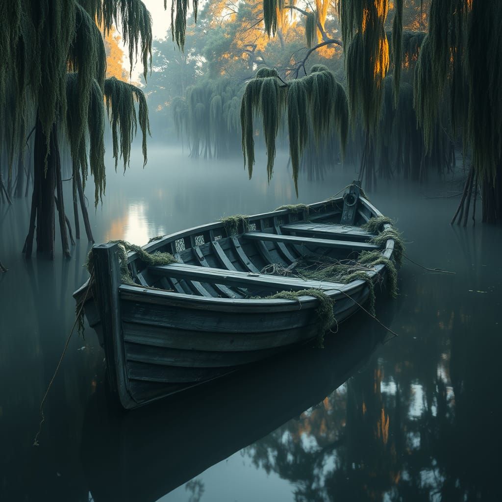 Mystical Bayou Scene with Boat in Impressionist Style