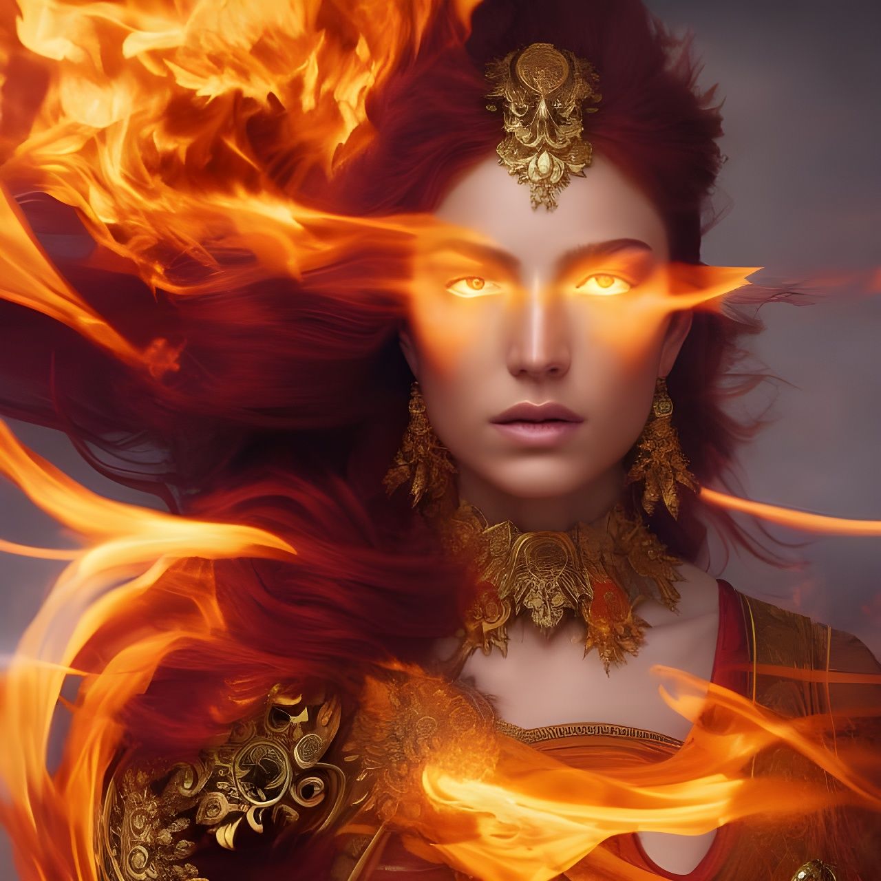 Fiery Sun Goddess Portrait in Digital Art Style