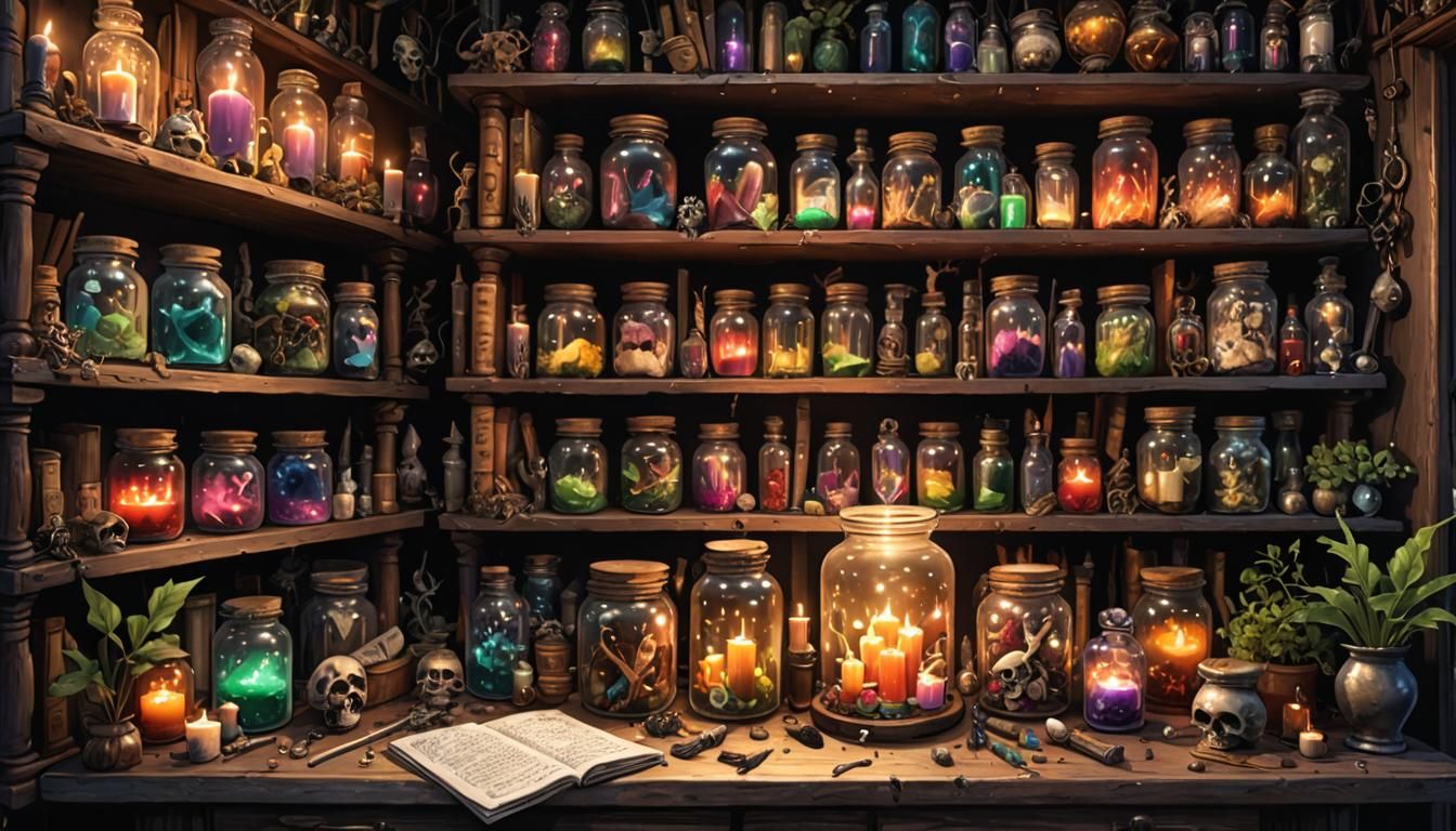 Enchanted Witch's Apothecary with Glowing Specimen Jars