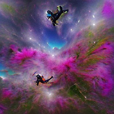 Skydiver Soaring Through a Colorful Nebula