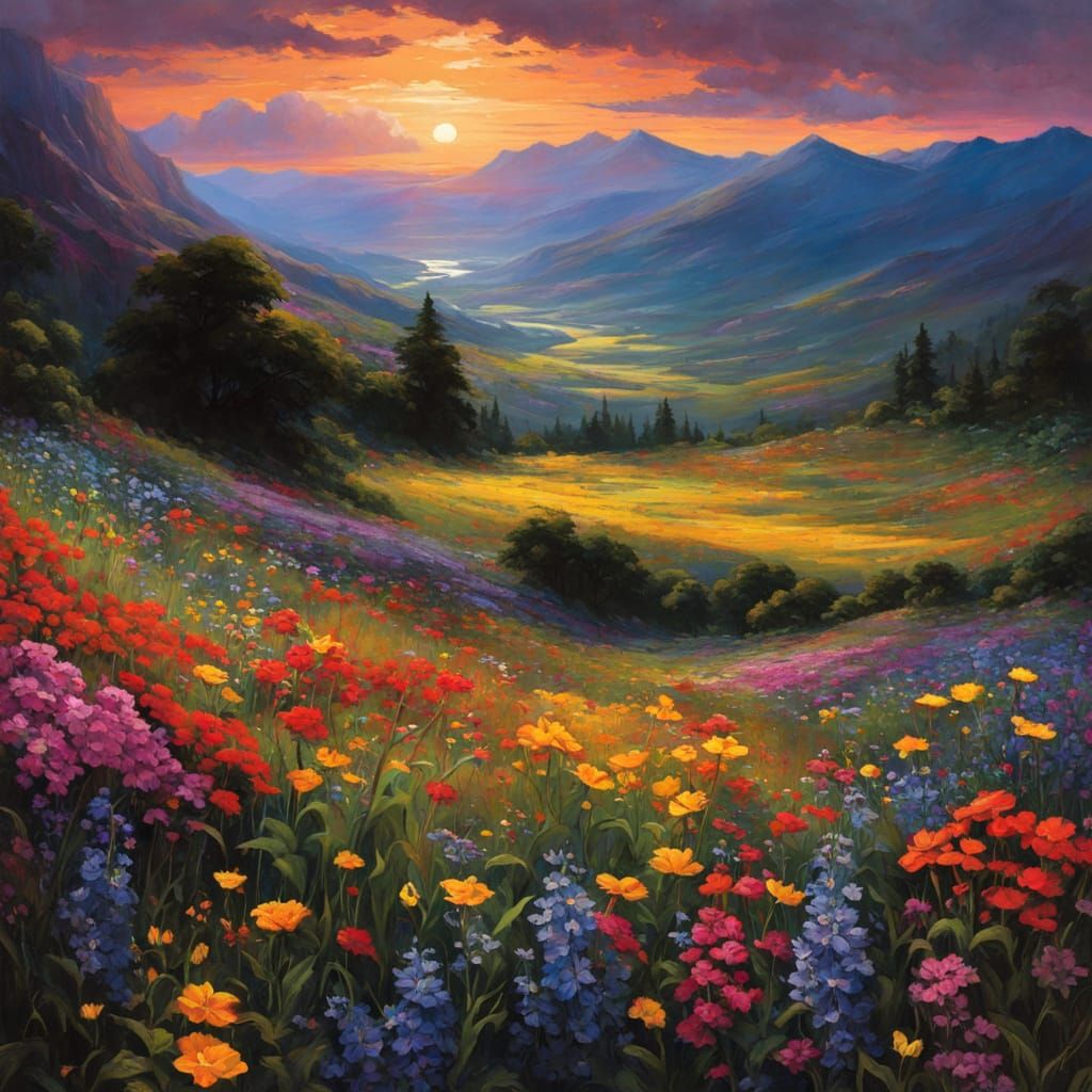 Vibrant Wildflower Landscape in Chiaroscuro Style