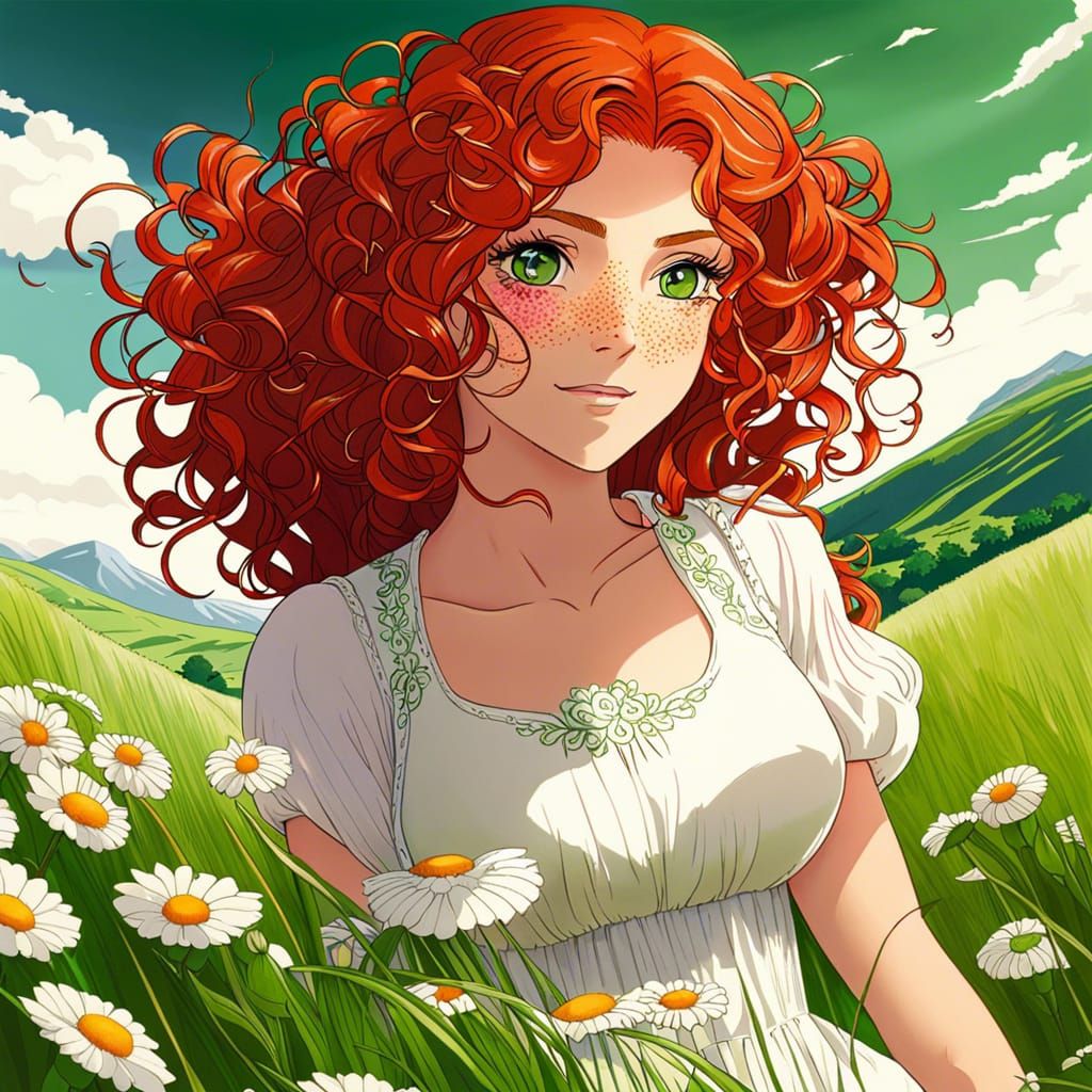 Anime Woman with Red Hair in Flower Field