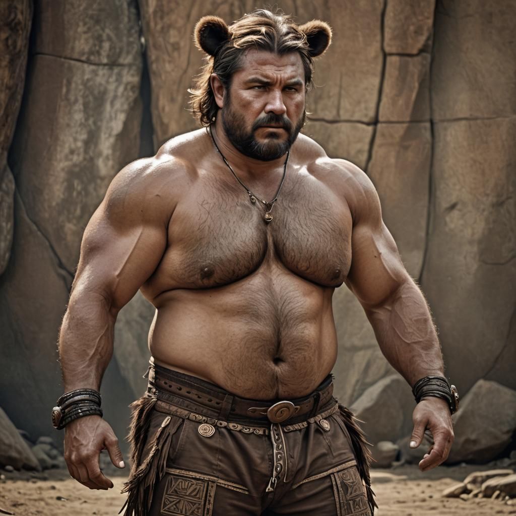 Hyperrealistic Man with Bear Ears in Tribal Pants