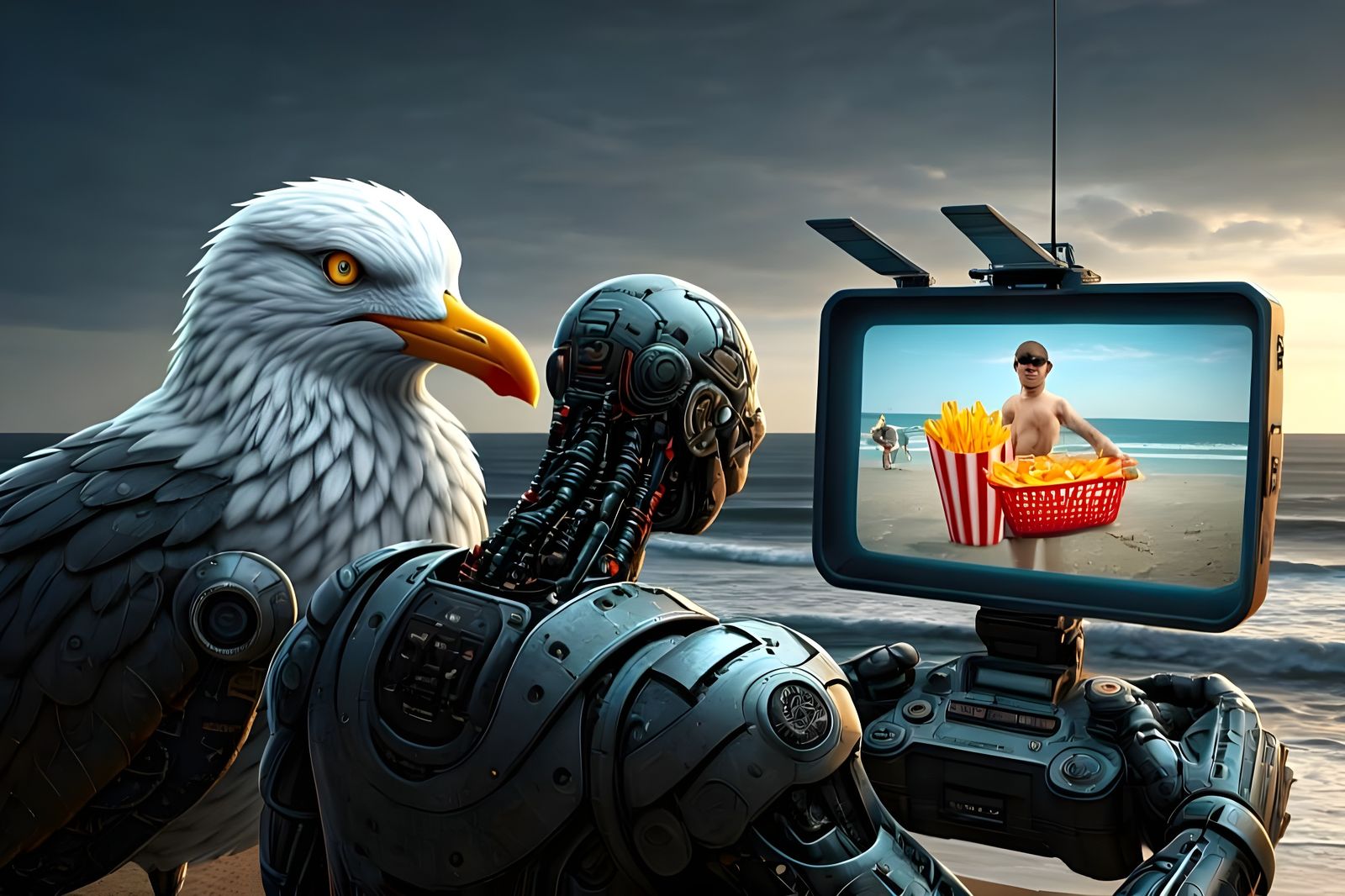 Cyborg Seagull and Villain Eyeing Fries, in Sci-Fi Style