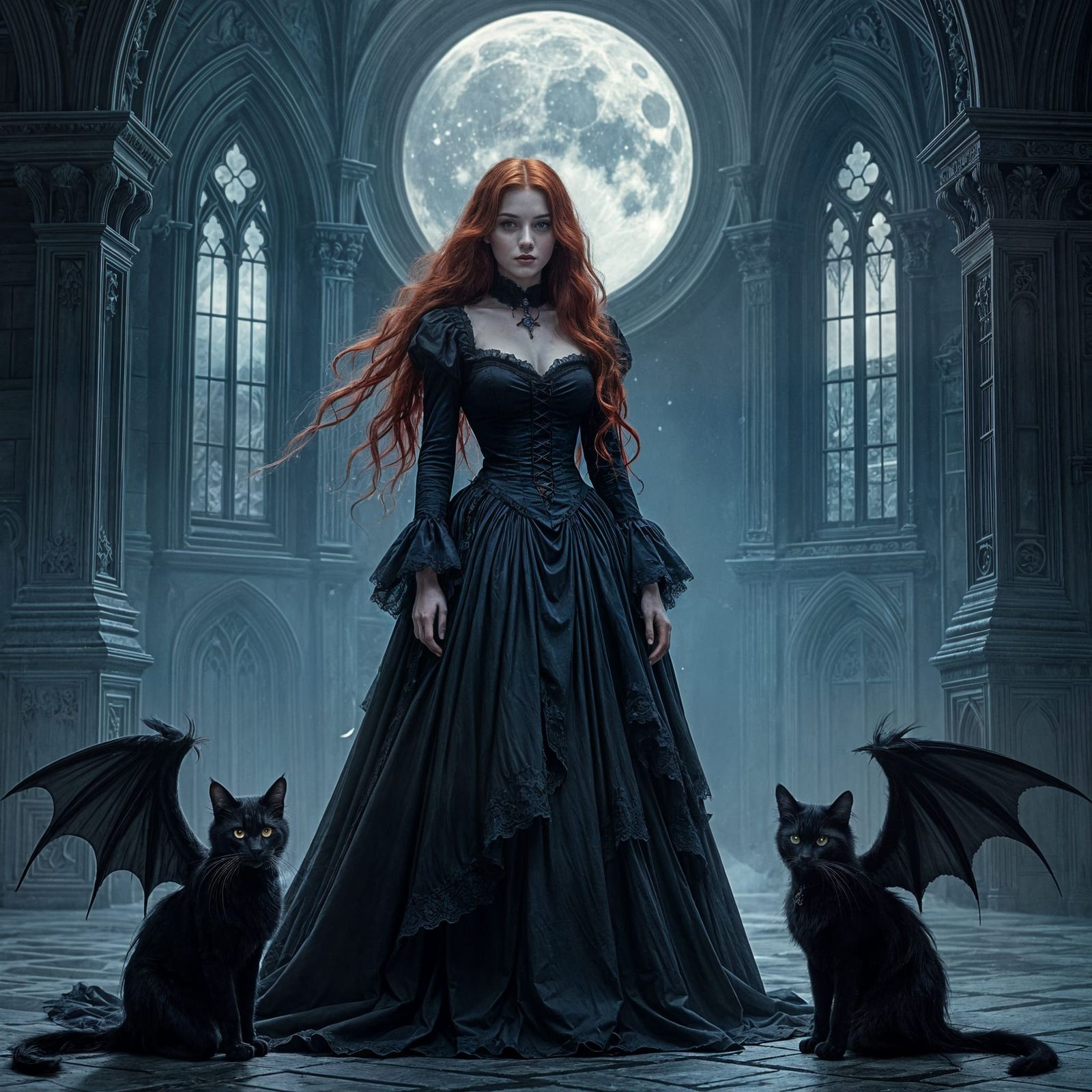 Ghostly Woman in Gothic Castle with Winged Cats