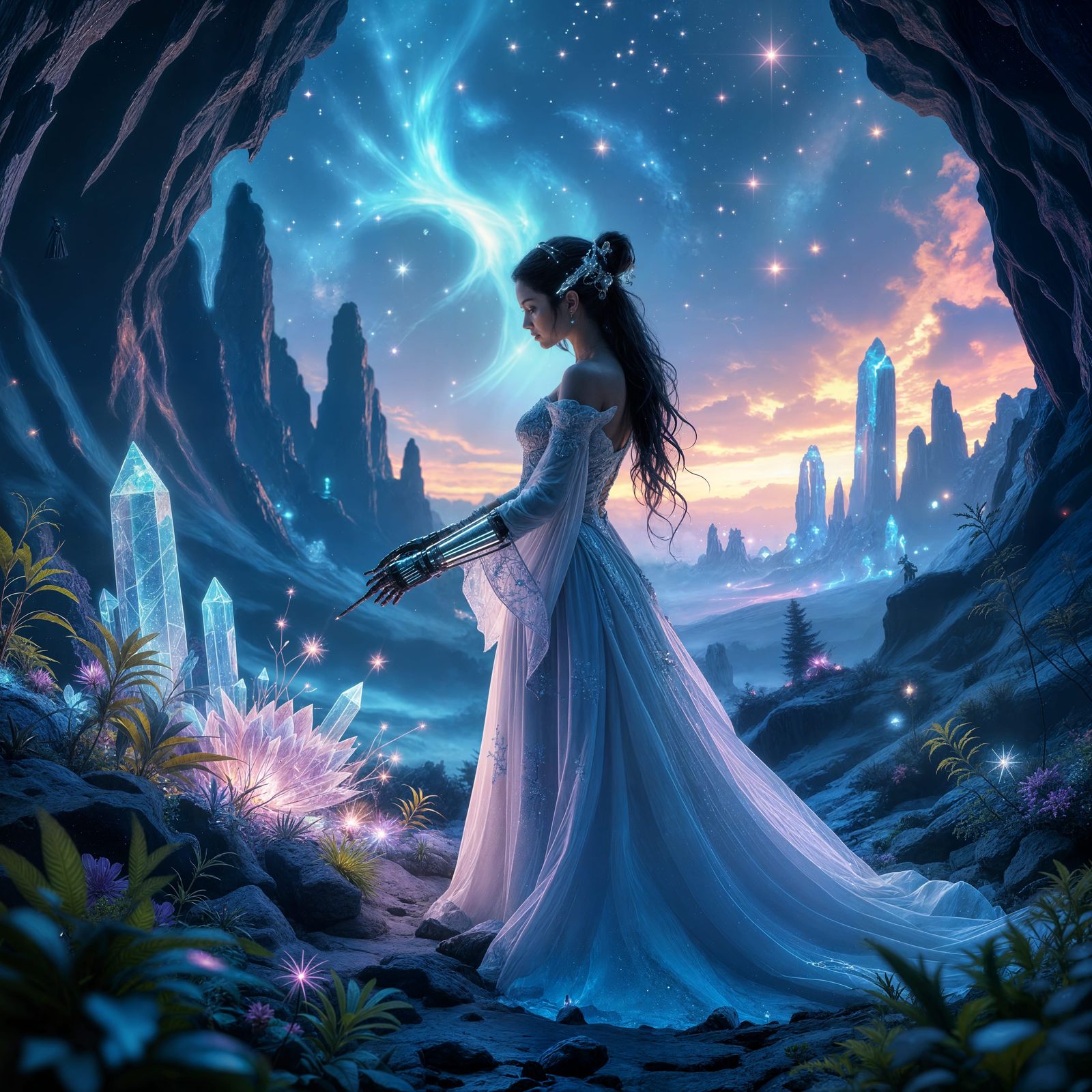 Gothic Space Botanist Tending Bioluminescent Flora