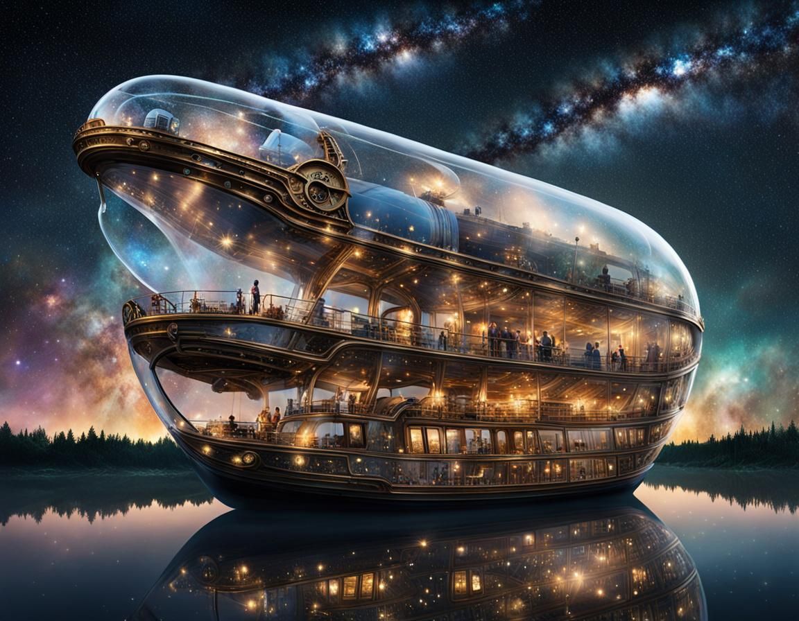 Steampunk Travelers in Colossal Clear Glass Whale Boat