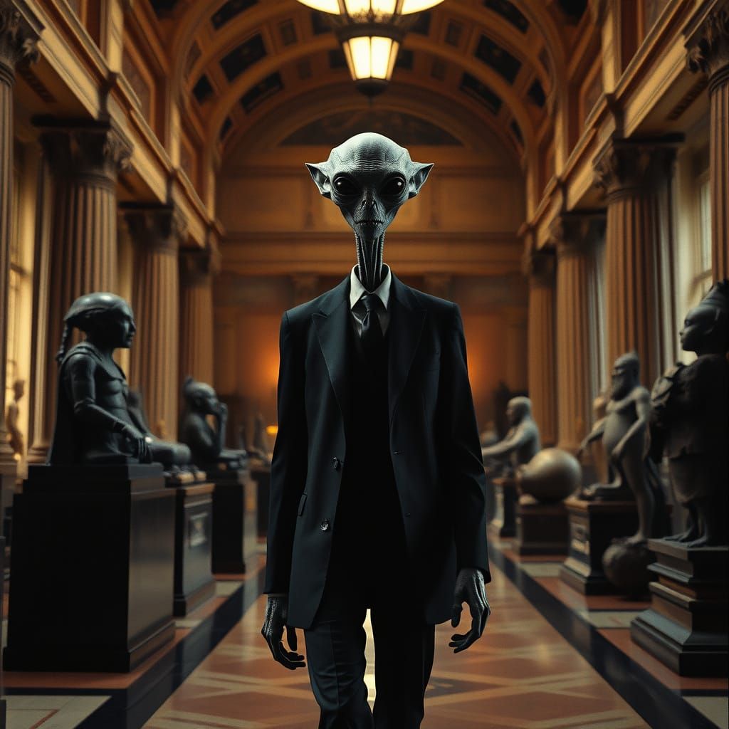 Grey Alien Walks Through Museum, Cinematic Film Still