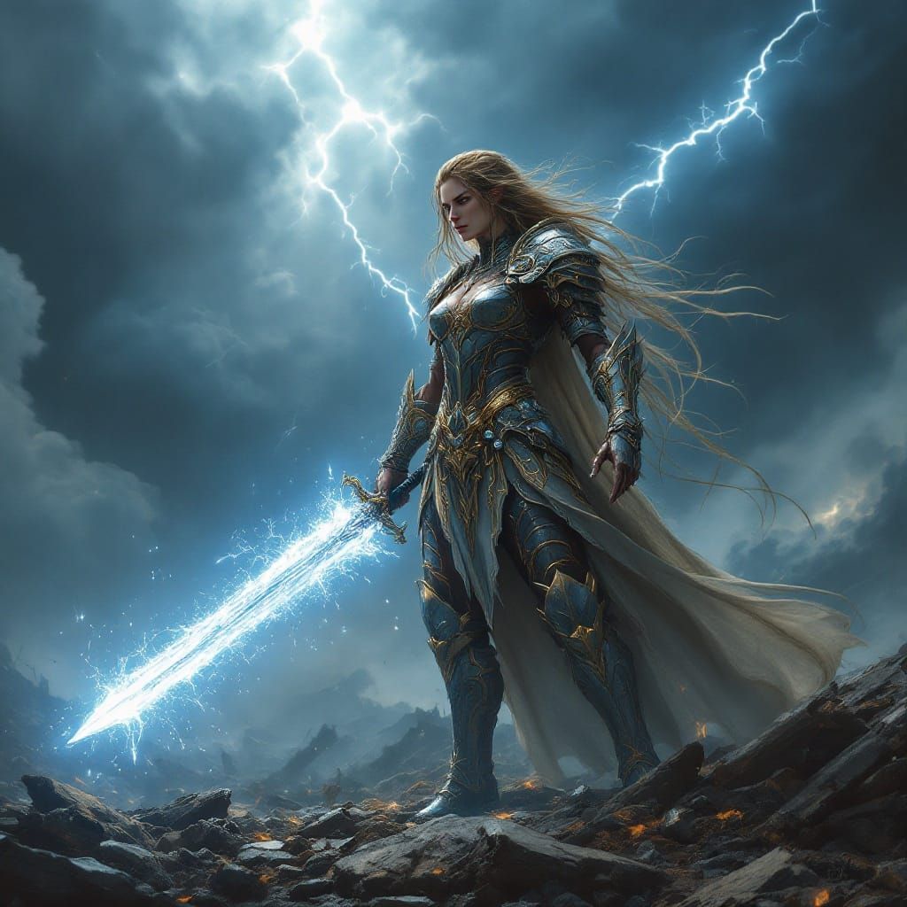 Dark Fantasy Valkyrie Emerges from Stormy Battlefield