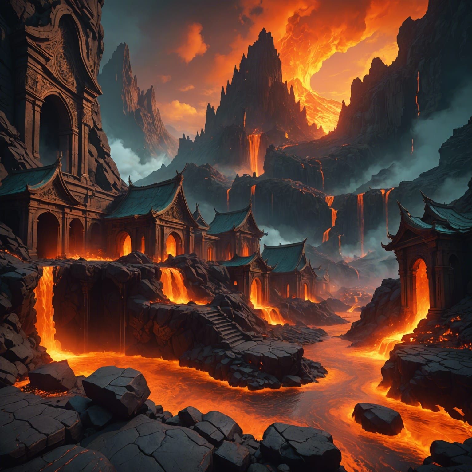 Volcanic Village Concept Art in Hyperdetailed Style