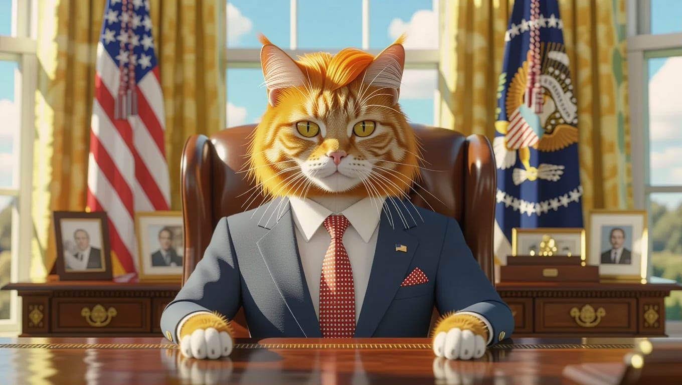 Cat President in Oval Office: 3D Render