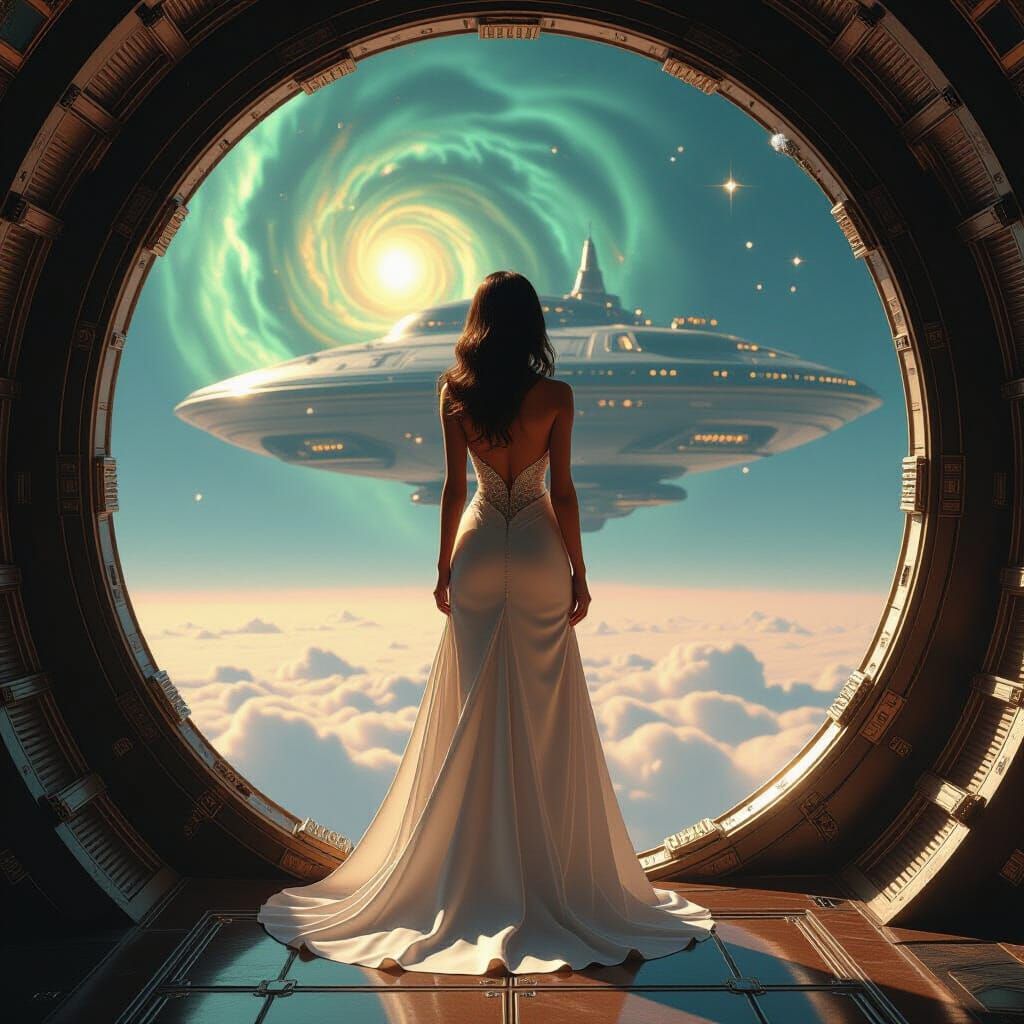 Woman in Vintage Dress on Art Deco Spaceship