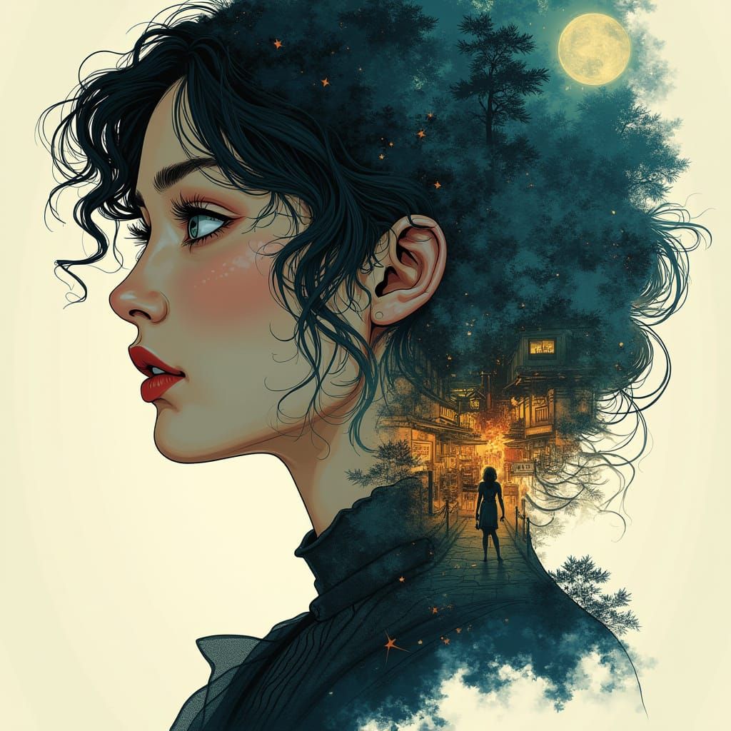 Mysterious Woman Double Exposure Portrait in Art Nouveau Sty...