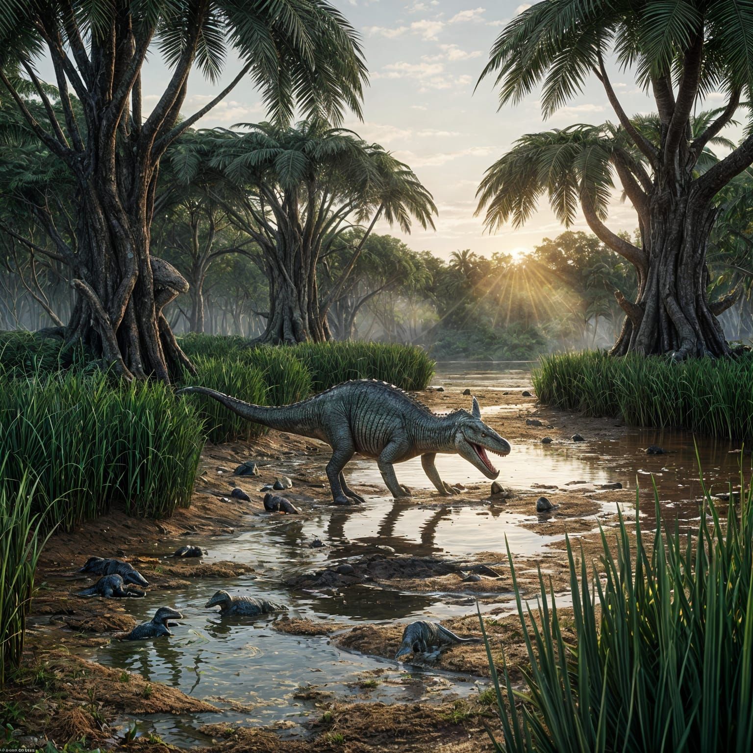 Jurassic Coastline with Allosaurus in Photorealistic Style