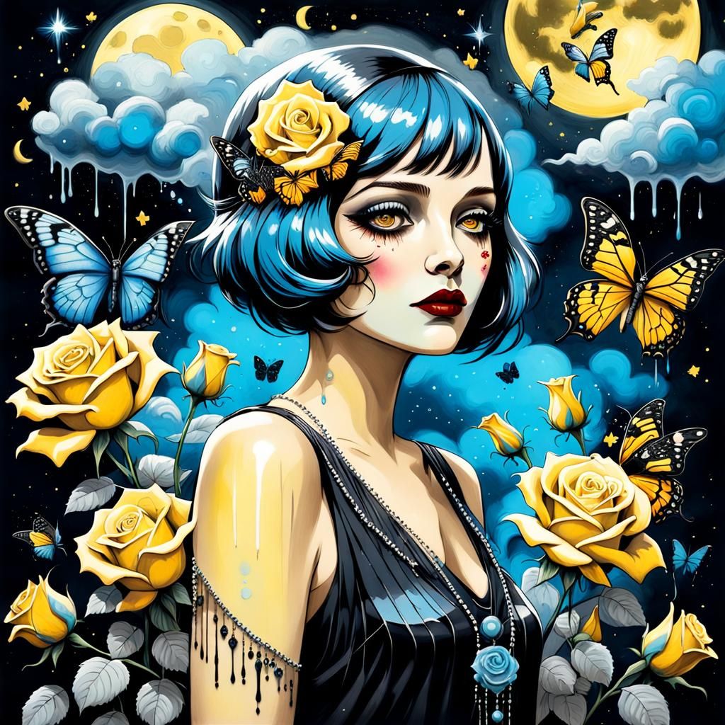 Eerie Gothic Flapper with Celestial Motifs in Graffiti Art