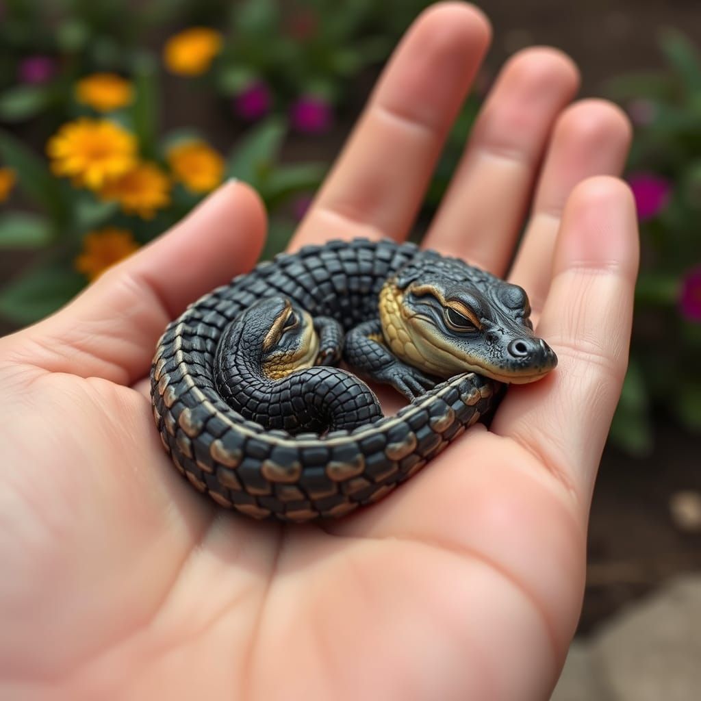 Baby Alligator in a Woman's Hand, Hyperrealistic Close-Up