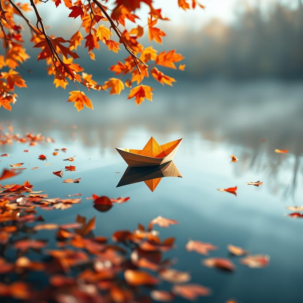 Autumn Paper Boat on Still Lake