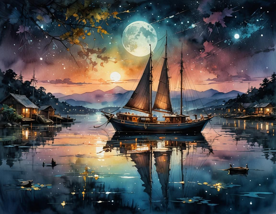 Boat on Moonlit Water: Digital Watercolor SummerScape